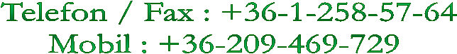 Telefon / Fax : +36-1 -258-57-64
Mobil : +36-209-469-729 +36-303-661-270
