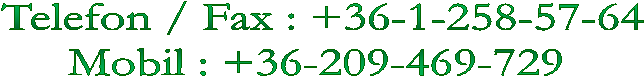 Telefon / Fax : +36-1 -258-57-64
Mobil : +36-209-469-729   +36-303-661-270